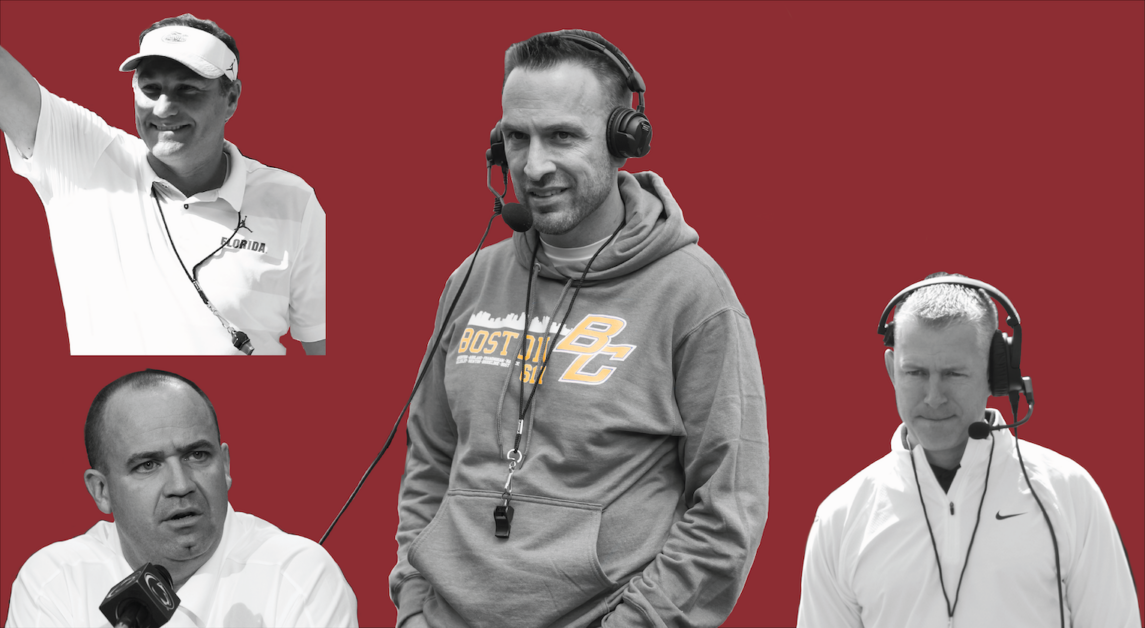BC is looking to hire its 37th head football coach. (Graphic by Parker Leaf; Photos Courtesy of Kenneth Chen / Heights Staff and BenJones88, MrJacon000, and University Athletic Association, Inc. via Wikimedia Commons)